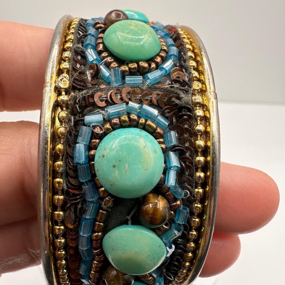 Vintage 90s Mixed Media Bangle Bracelet Turquoise Tiger Eye Glass Beaded Boho - Picture 11 of 12